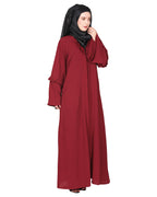 Modish pleated black abaya with conventional bell sleeves Maroon