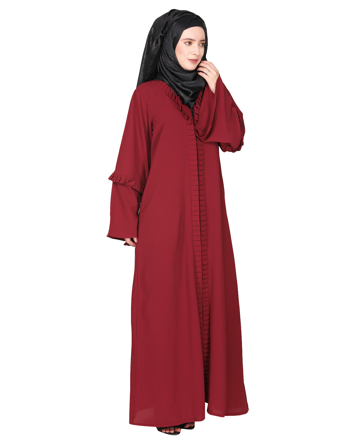 Modish pleated black abaya with conventional bell sleeves Maroon