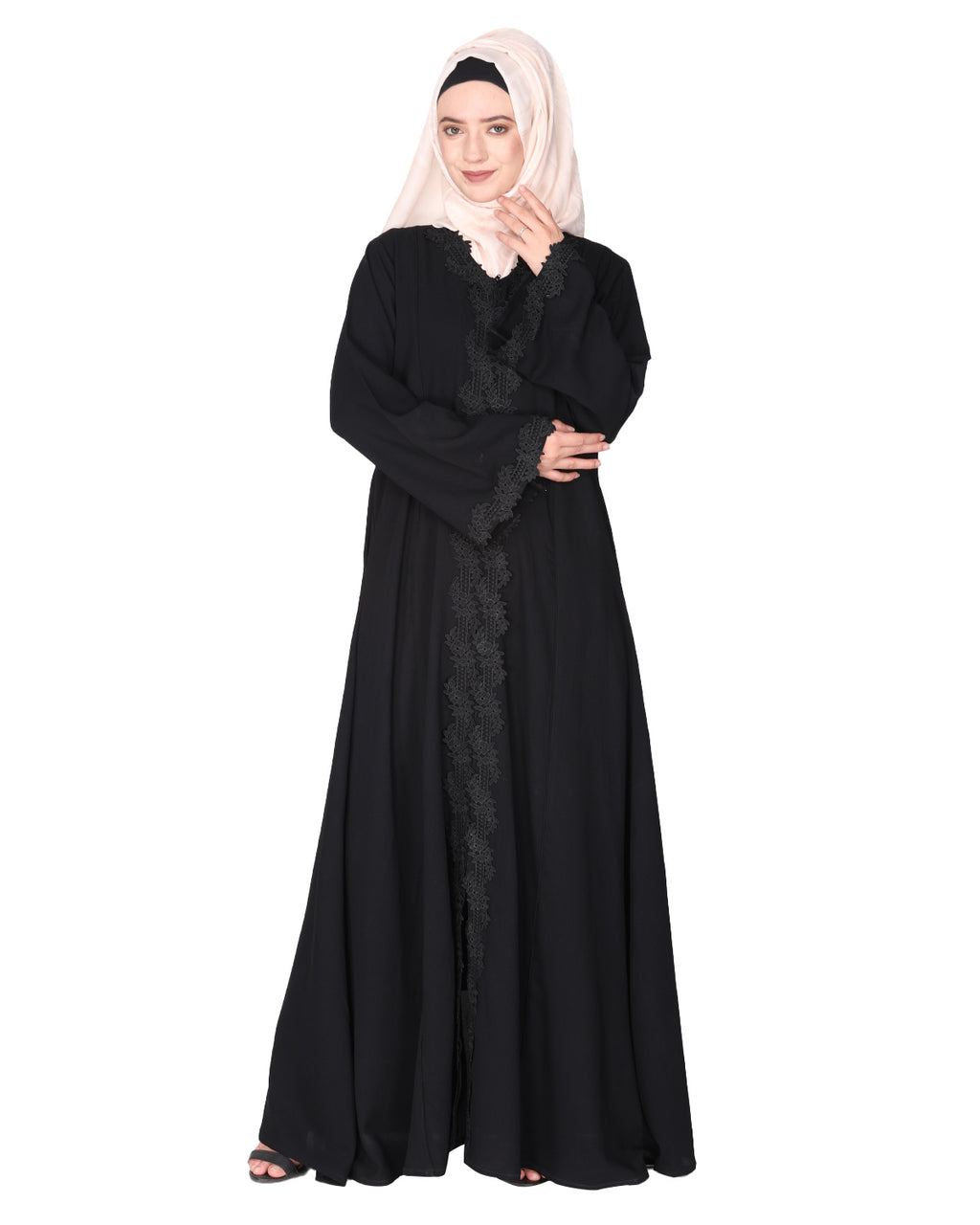 Sleek Princess cut Flamboyant laced Abaya Black