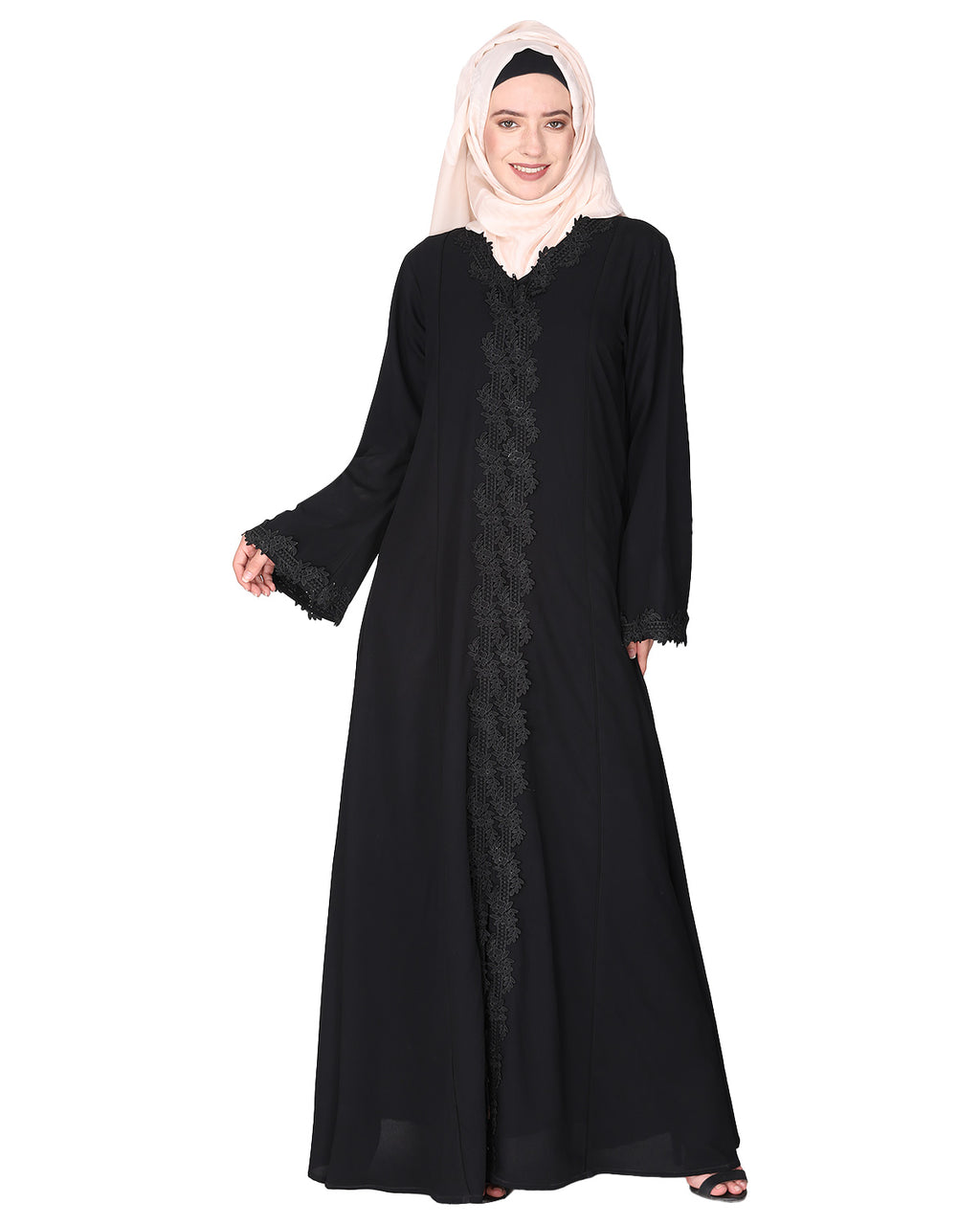 Sleek Princess cut Flamboyant laced Abaya Black