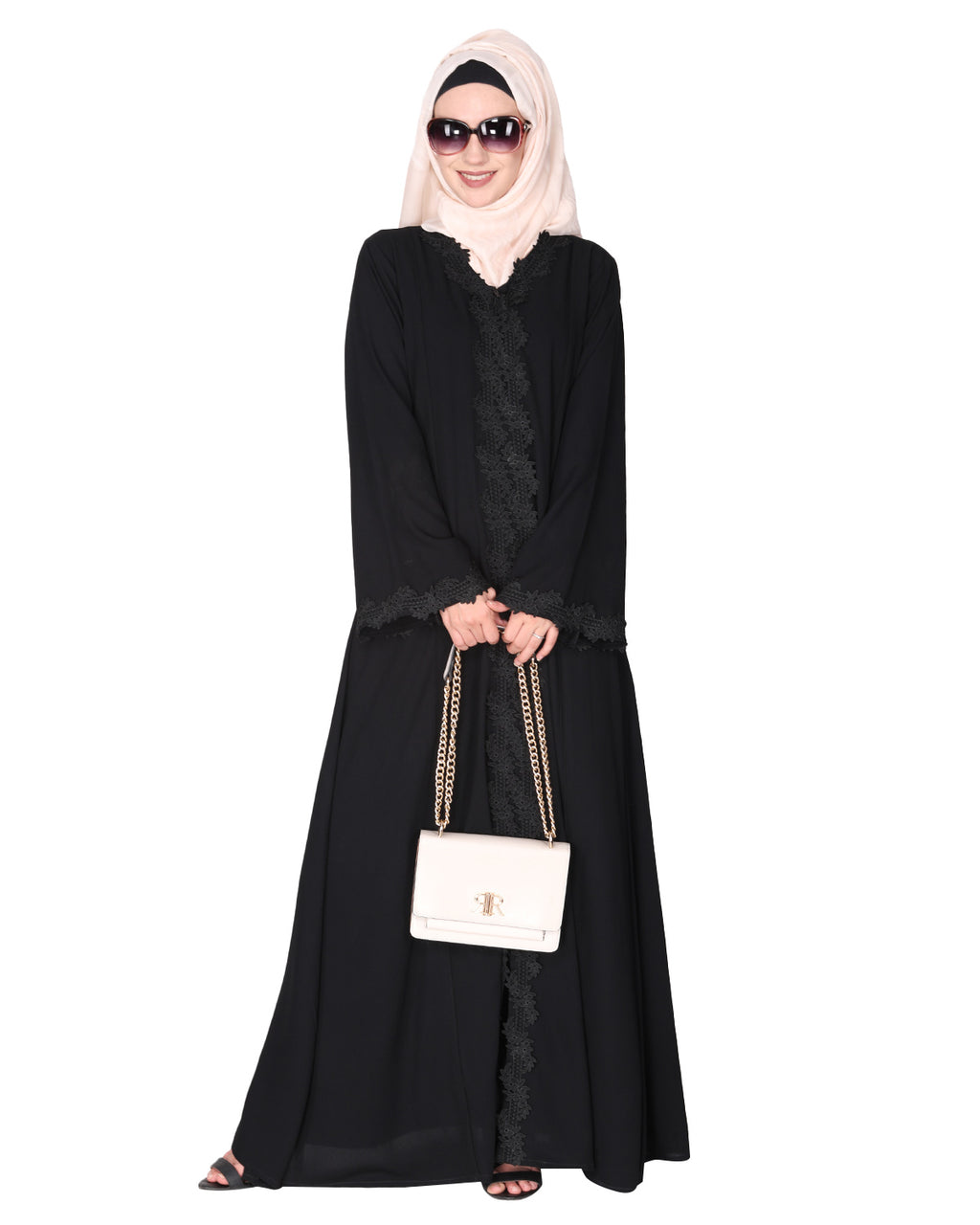 Sleek Princess cut Flamboyant laced Abaya Black