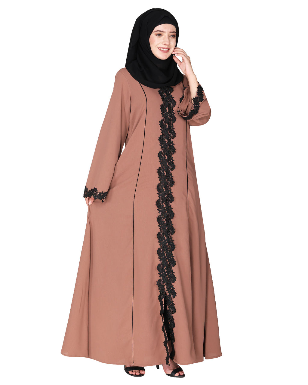 Sleek Princess cut Flamboyant laced Abaya Dark Beige