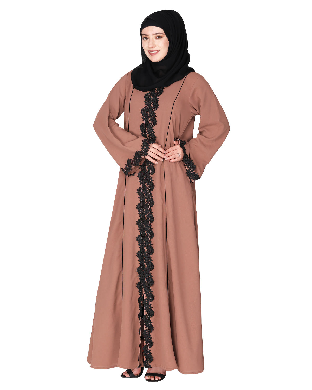 Sleek Princess cut Flamboyant laced Abaya Dark Beige