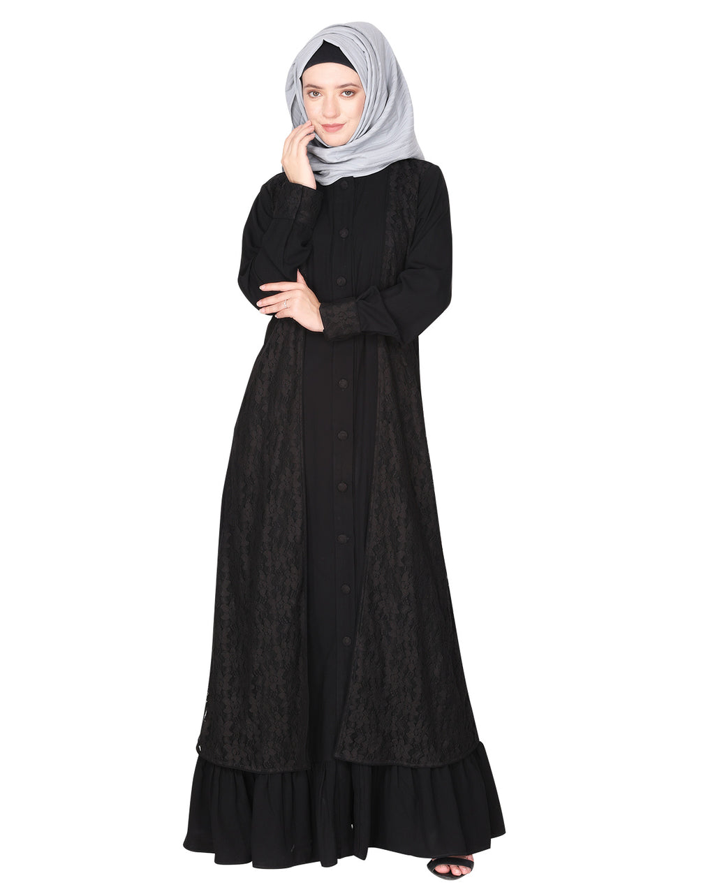 Occasion wear abaya with a gorgeous extra Panel of floral Lace Black