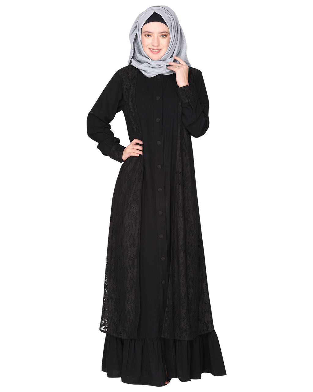 Occasion wear abaya with a gorgeous extra Panel of floral Lace Black