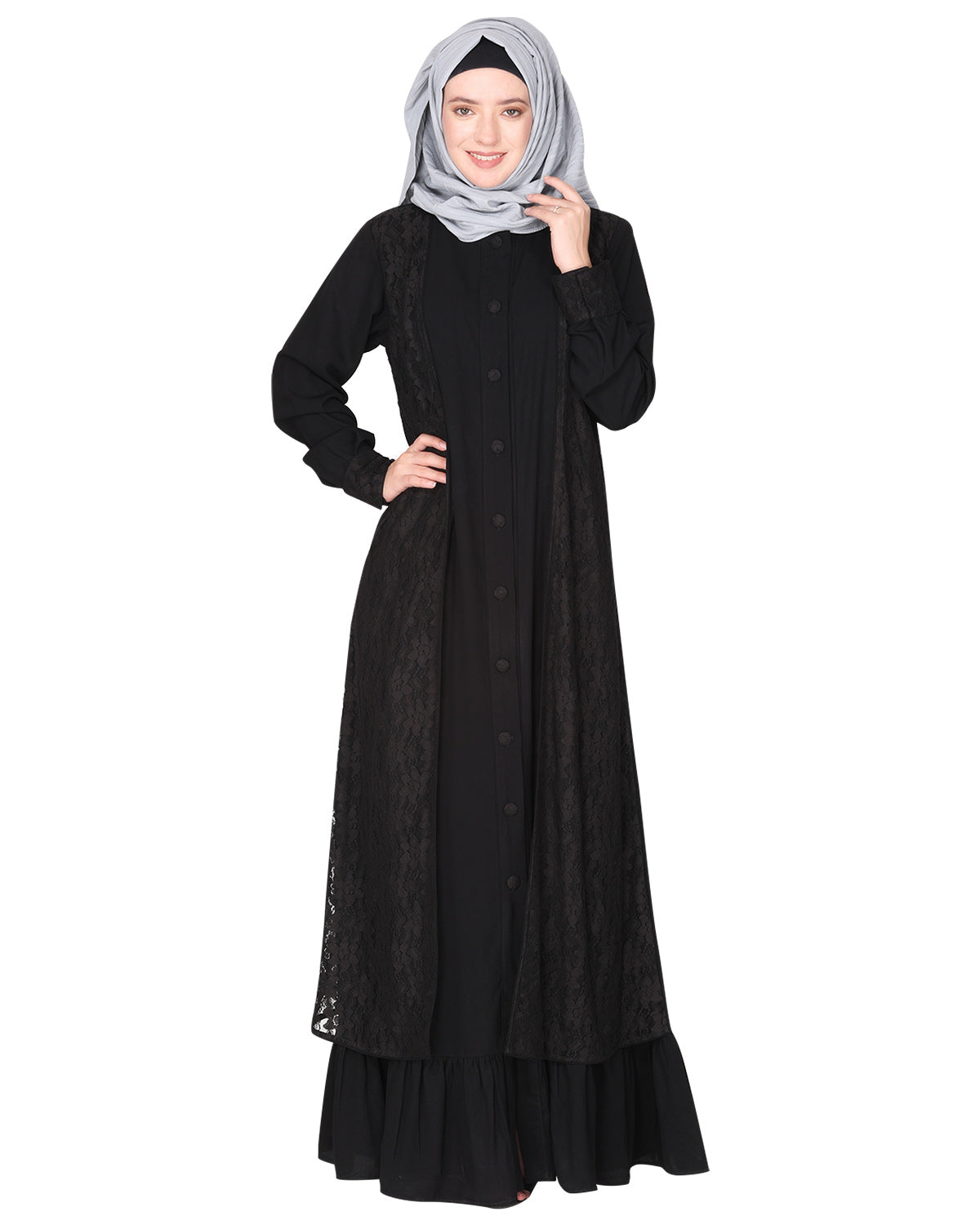 Occasion wear abaya with a gorgeous extra Panel of floral Lace Black