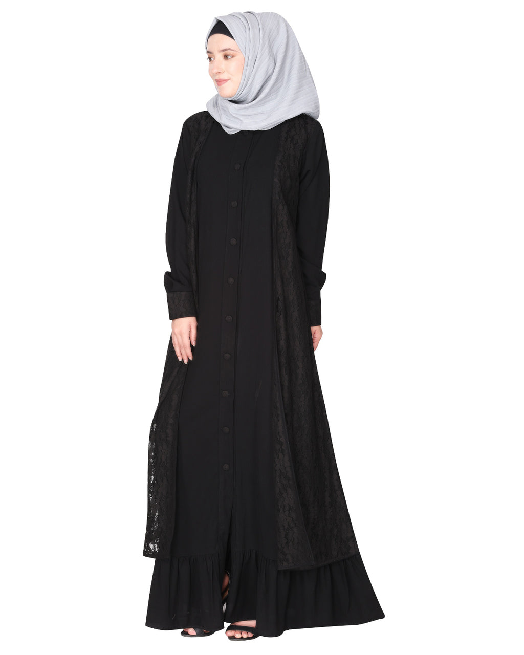Occasion wear abaya with a gorgeous extra Panel of floral Lace Black
