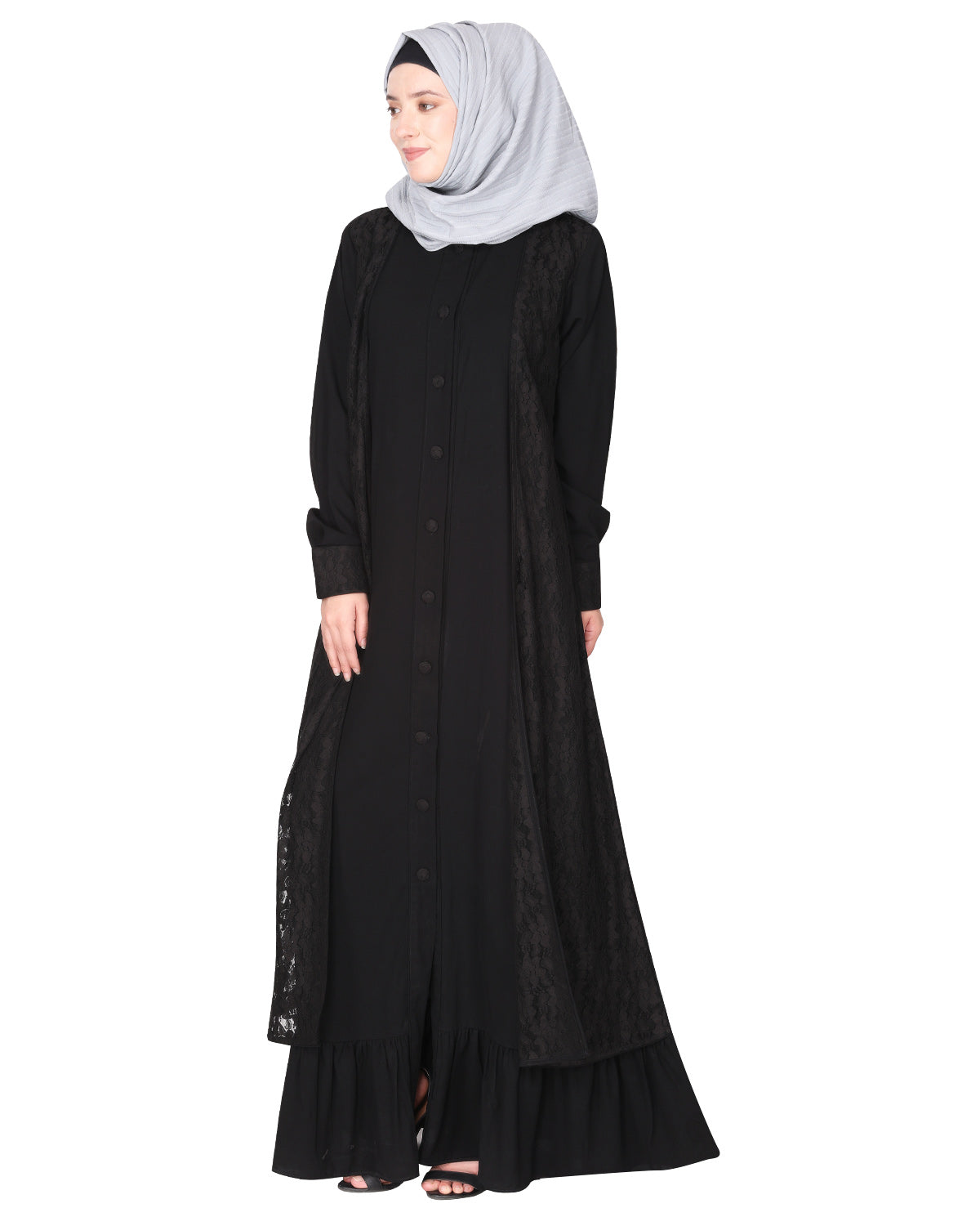Occasion wear abaya with a gorgeous extra Panel of floral Lace Black