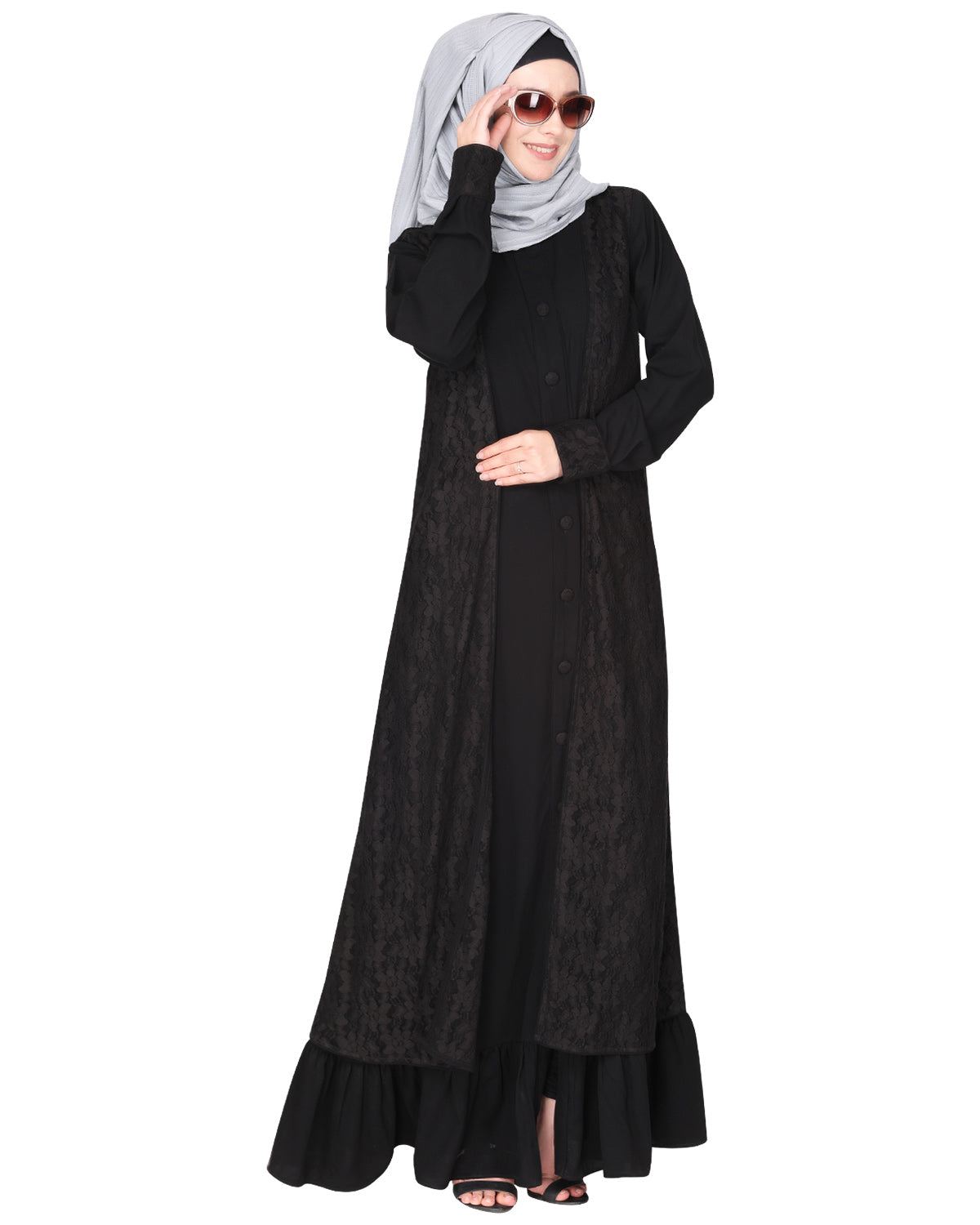 Occasion wear abaya with a gorgeous extra Panel of floral Lace Black