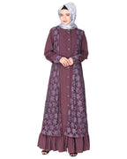 Occasion wear abaya with a gorgeous extra Panel of floral Lace Purple