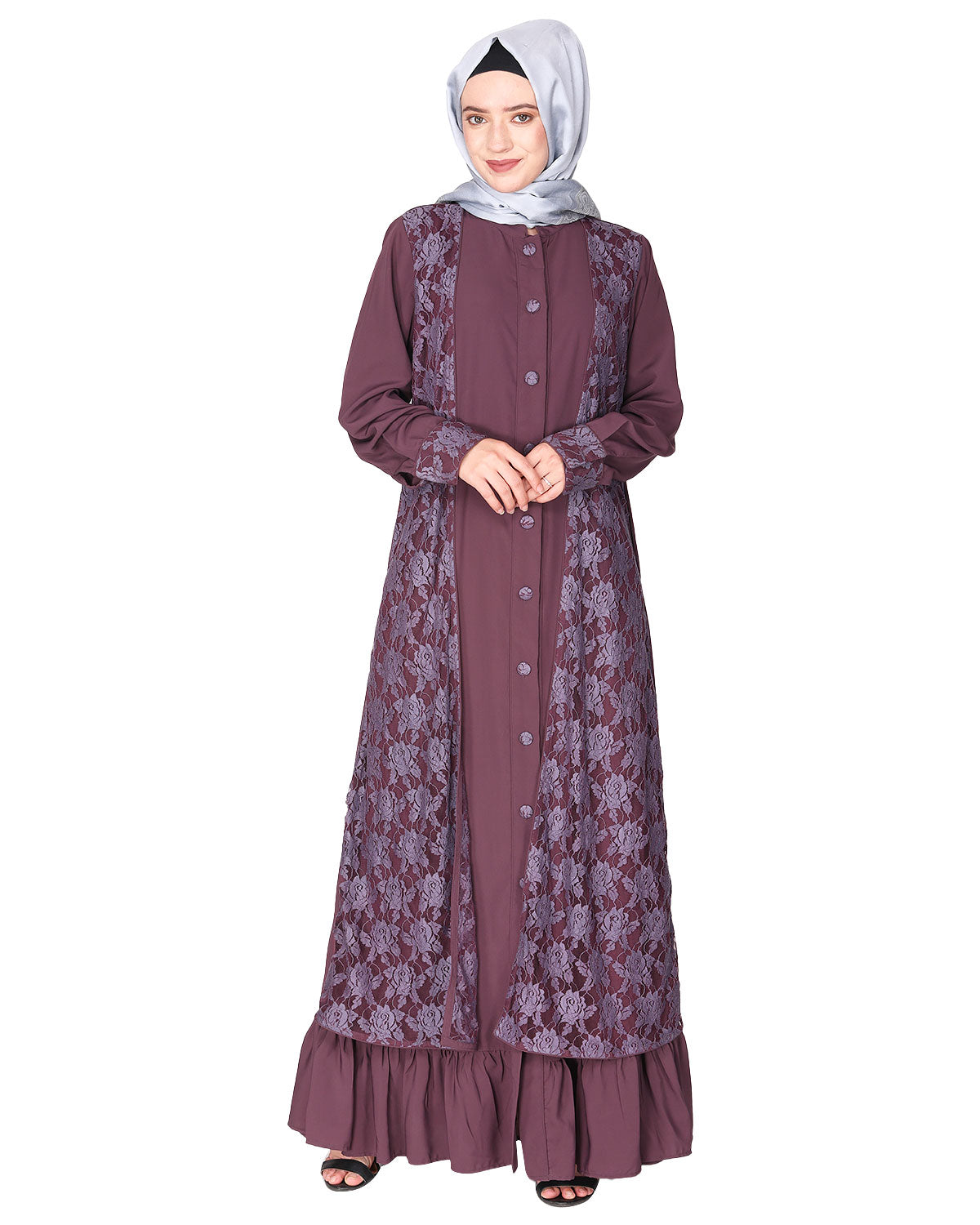 Occasion wear abaya with a gorgeous extra Panel of floral Lace Purple