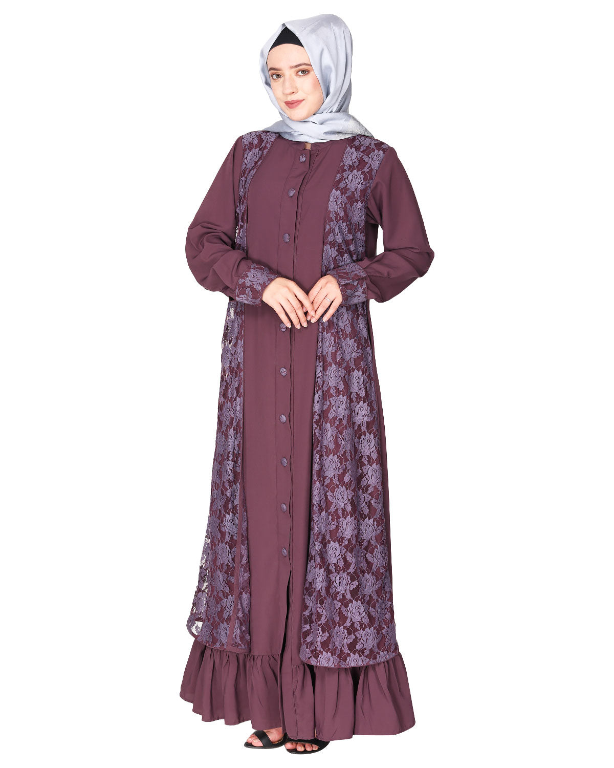 Occasion wear abaya with a gorgeous extra Panel of floral Lace Purple