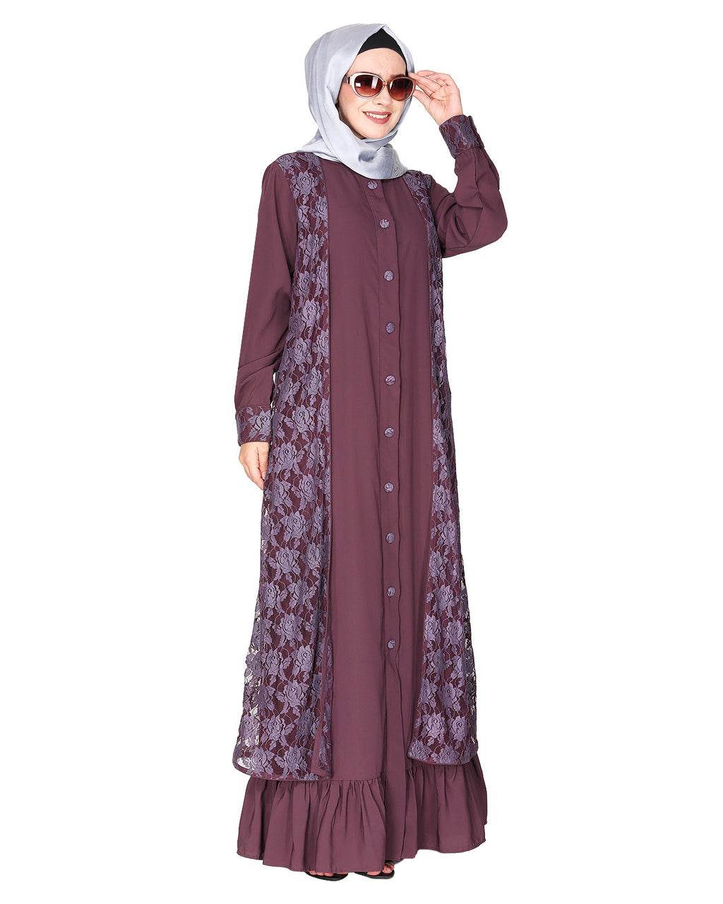 Occasion wear abaya with a gorgeous extra Panel of floral Lace Purple