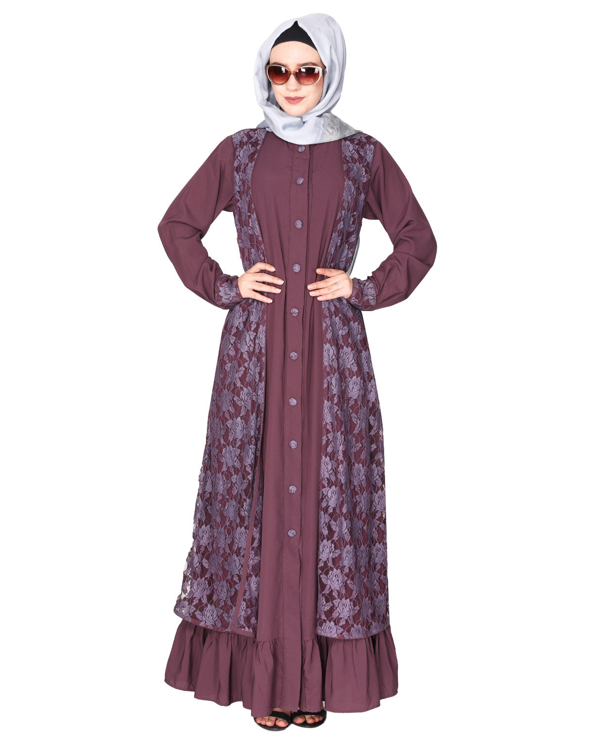 Occasion wear abaya with a gorgeous extra Panel of floral Lace Purple