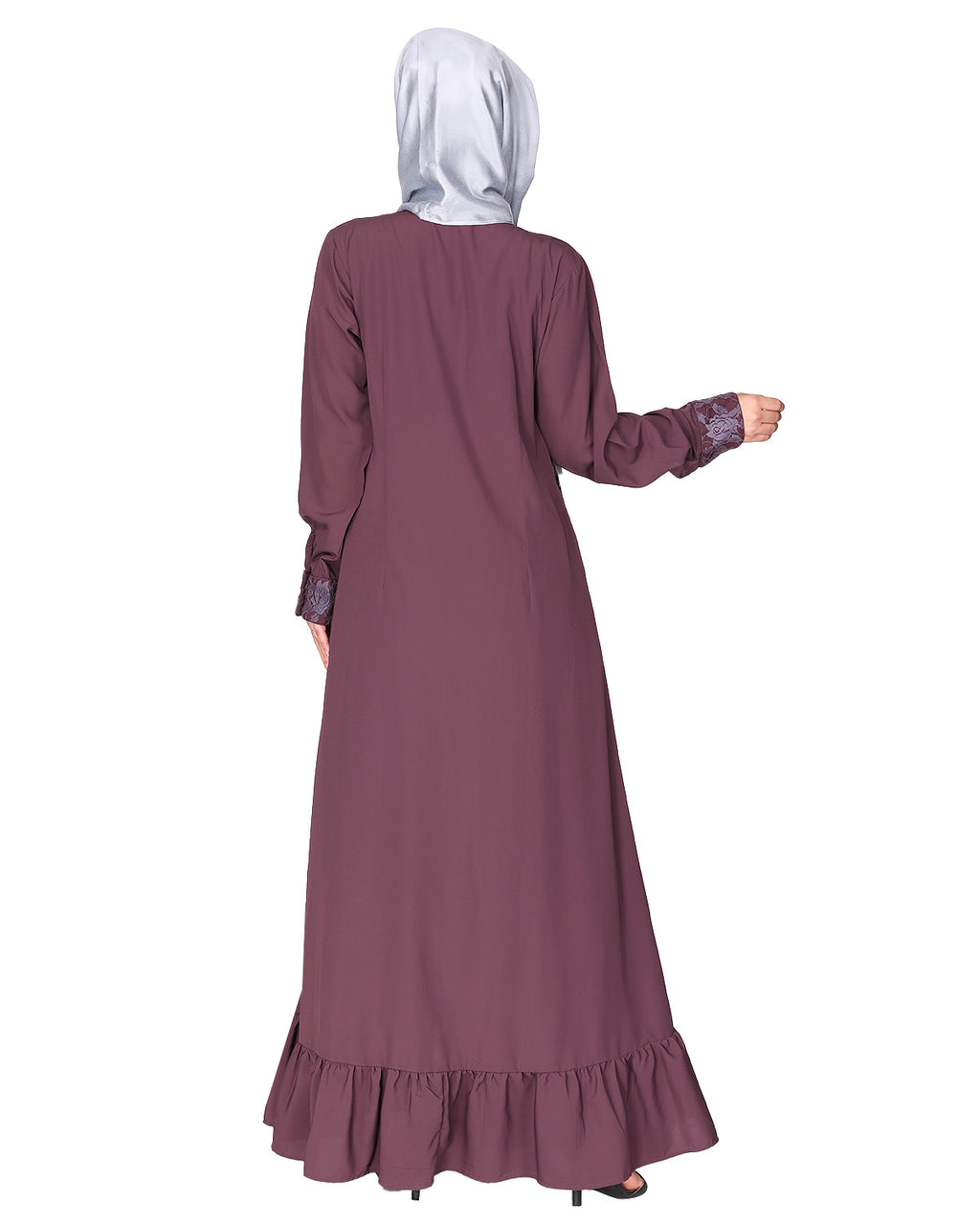Occasion wear abaya with a gorgeous extra Panel of floral Lace Purple
