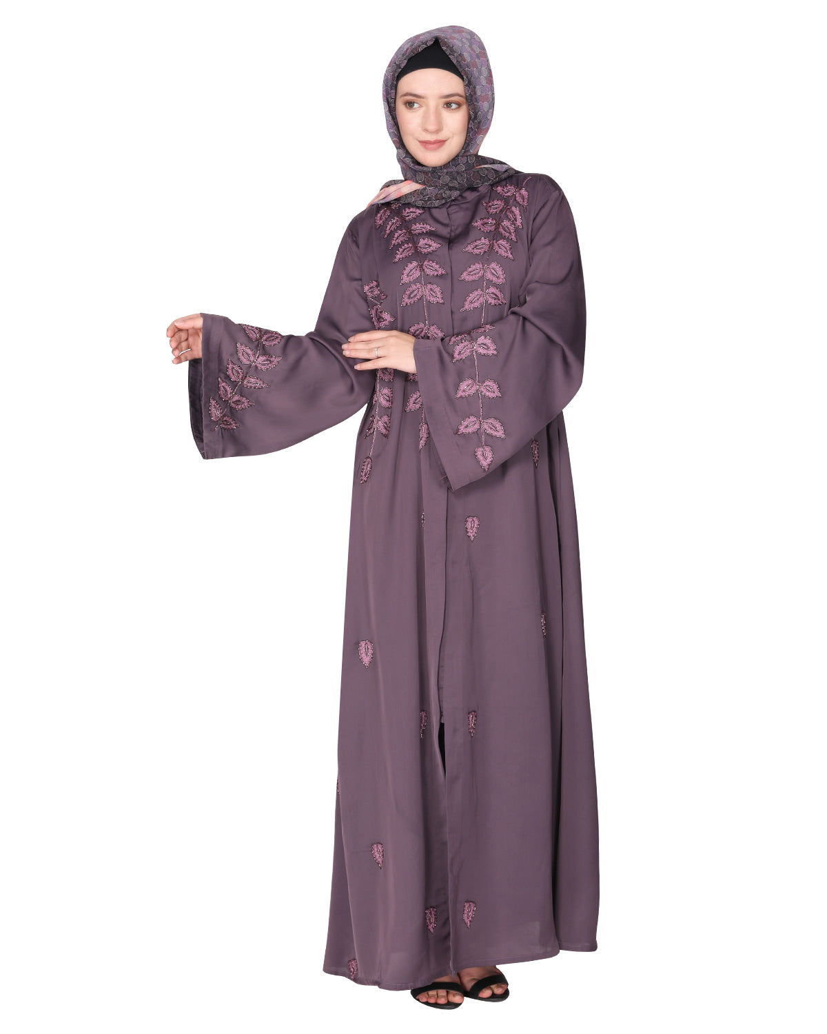 Stems & Leaves heavy embroidered dubai Style Abaya Grey
