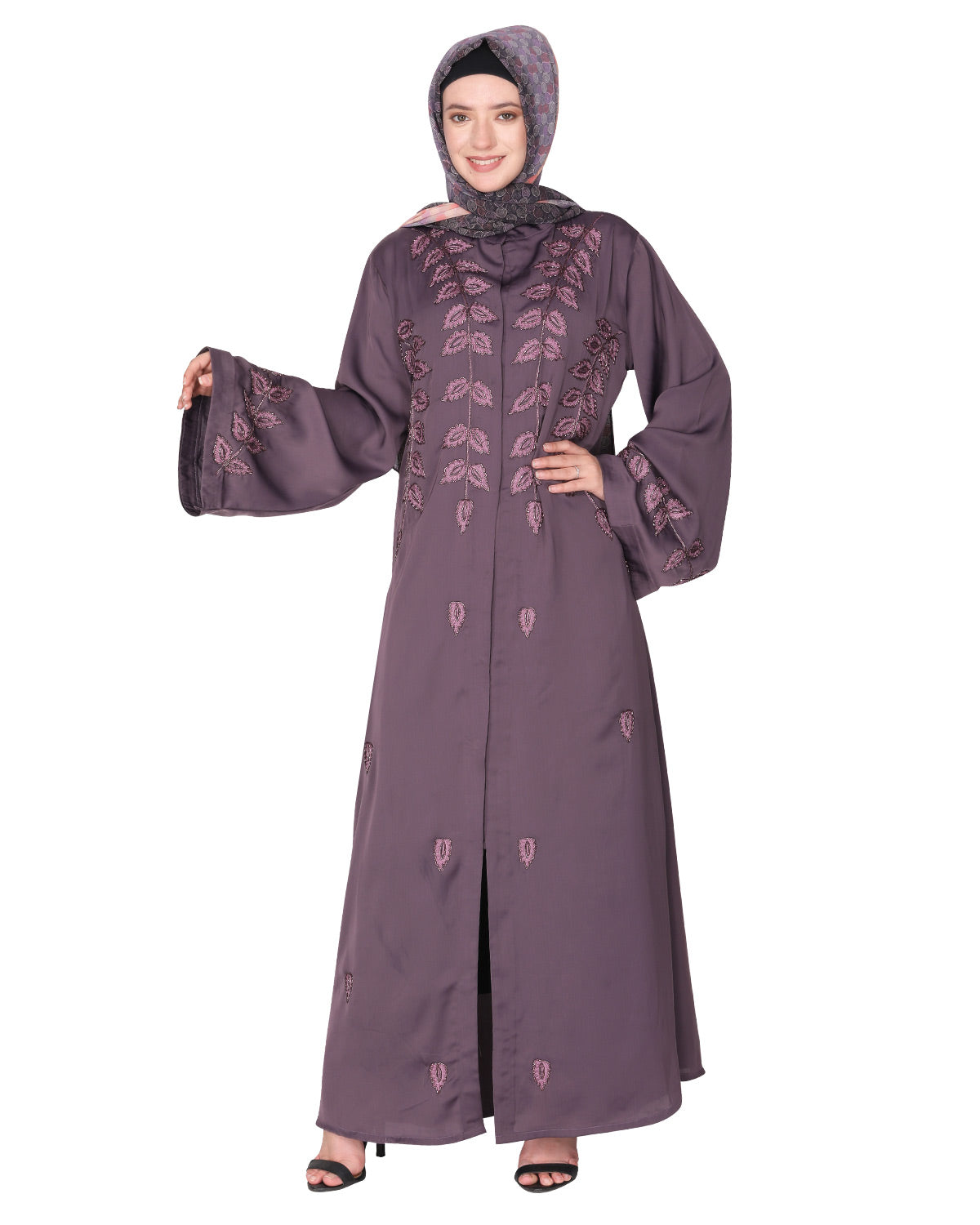 Stems & Leaves heavy embroidered dubai Style Abaya Grey