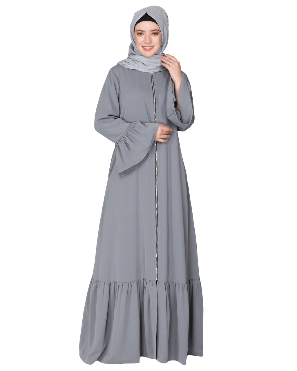 Progressive newage front open Abaya Light Grey