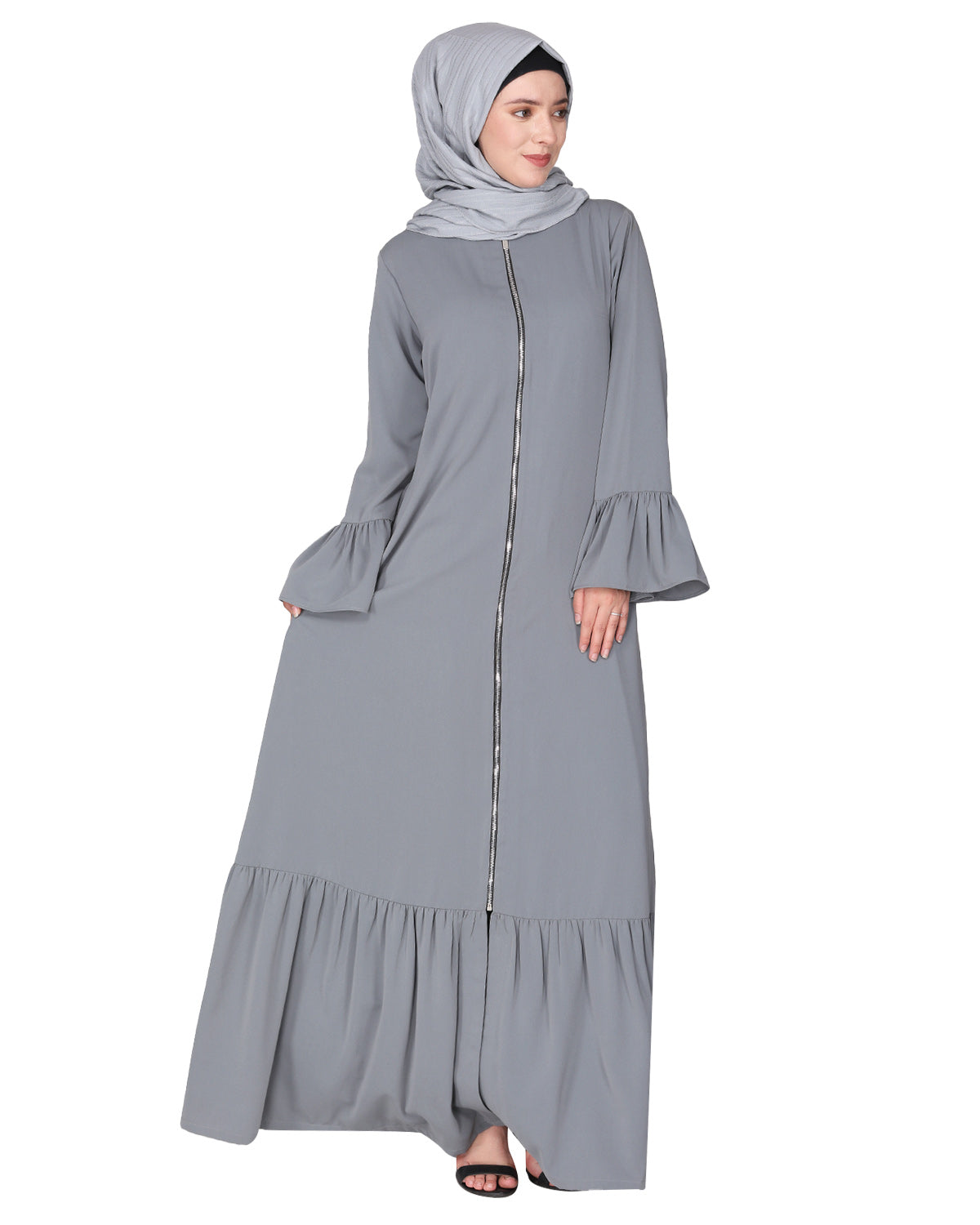 Progressive newage front open Abaya Light Grey