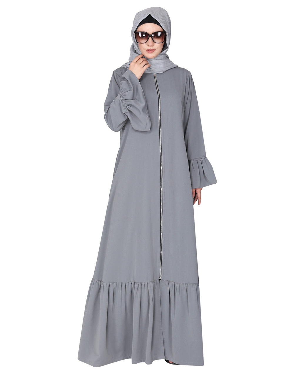 Progressive newage front open Abaya Light Grey