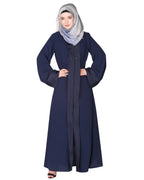 Graceful curtains style front open abaya with designer show buttons Dark Blue