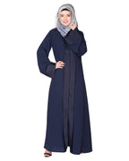 Graceful curtains style front open abaya with designer show buttons Dark Blue
