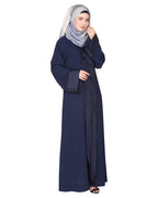 Graceful curtains style front open abaya with designer show buttons Dark Blue
