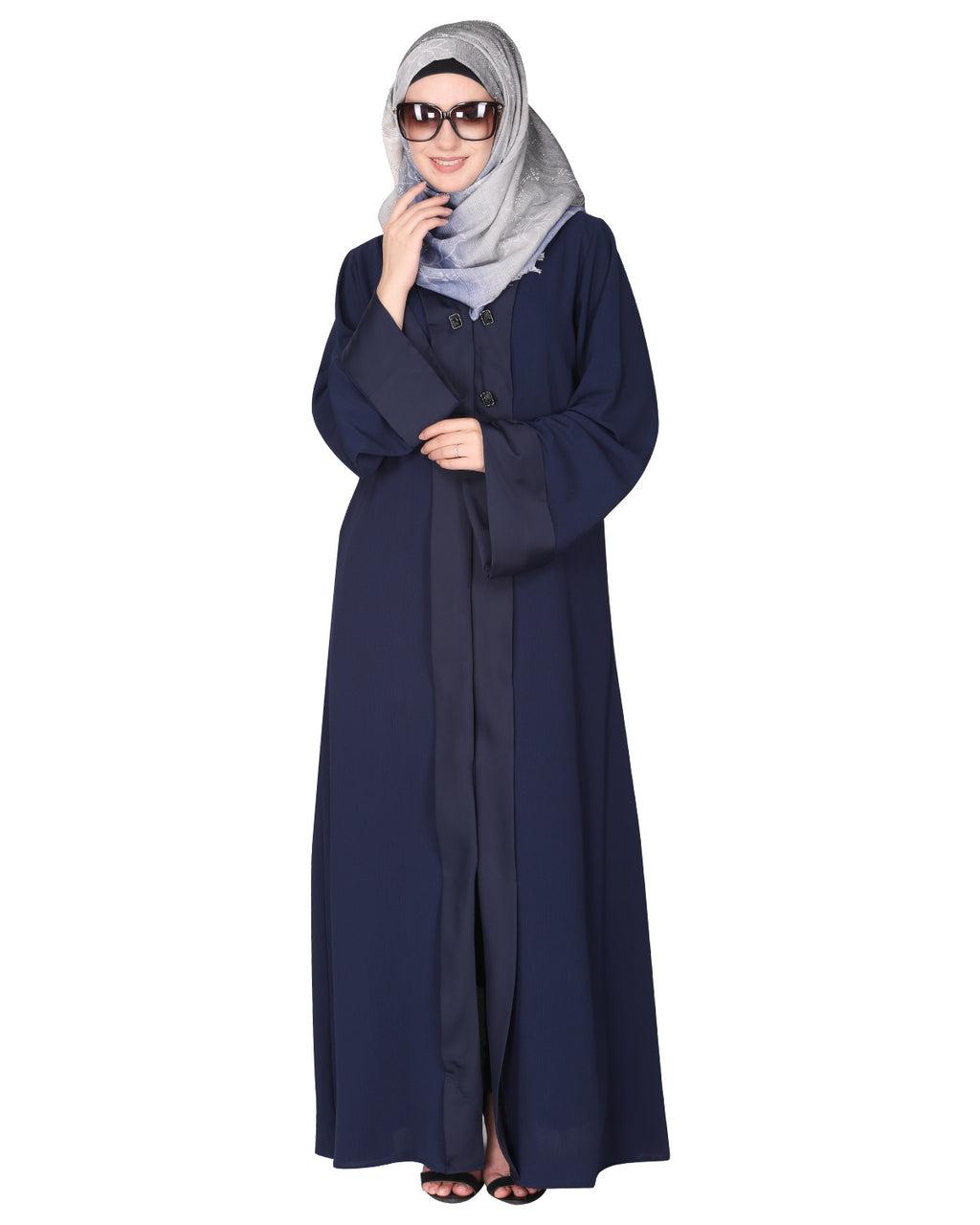 Graceful curtains style front open abaya with designer show buttons Dark Blue