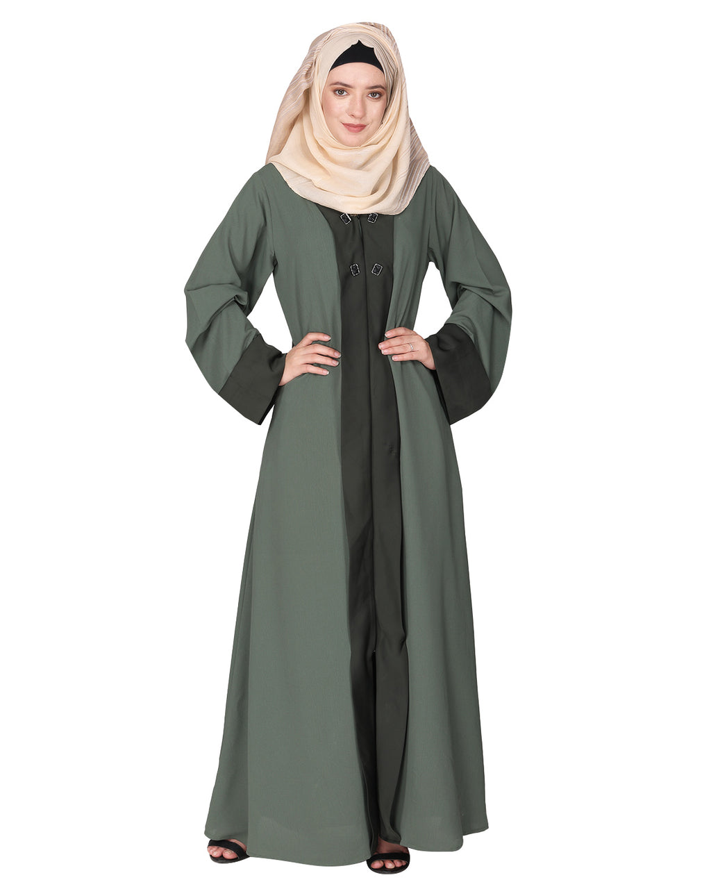 Graceful curtains style front open abaya with designer show buttons Dead Mint