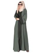 Graceful curtains style front open abaya with designer show buttons Dead Mint