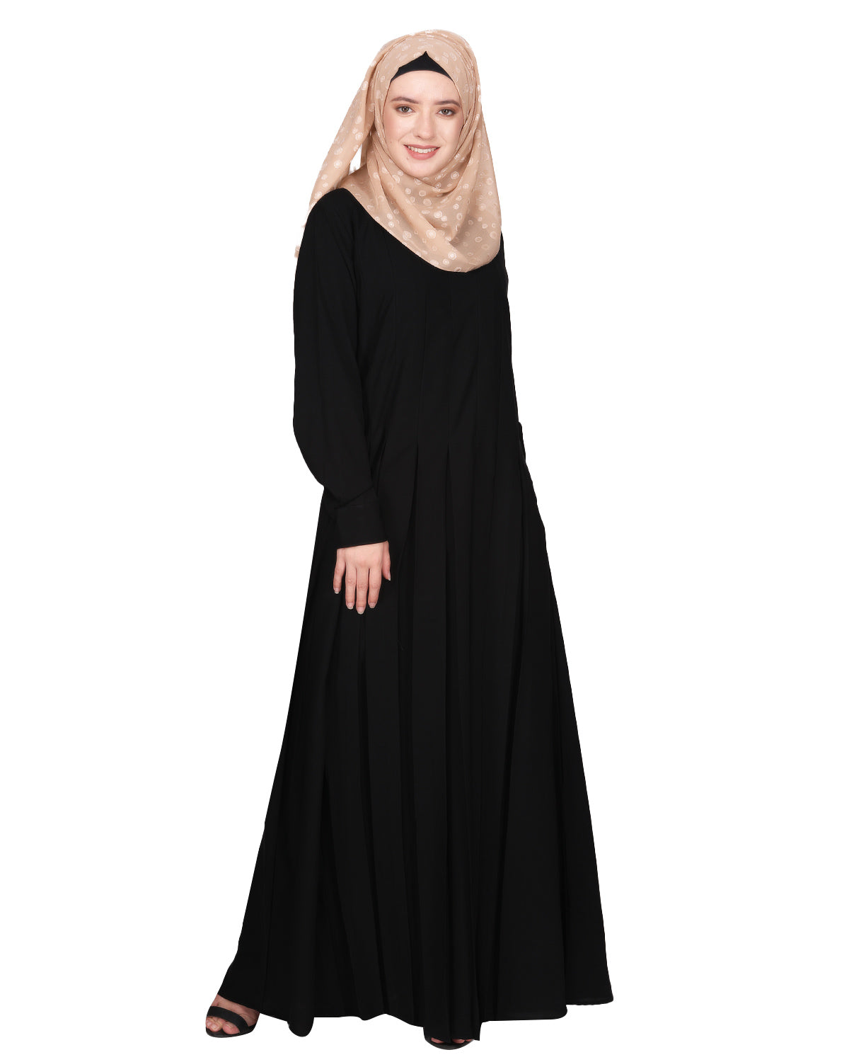 An Umbrella style stunning pleated abaya with Pinstriped Yolk Black