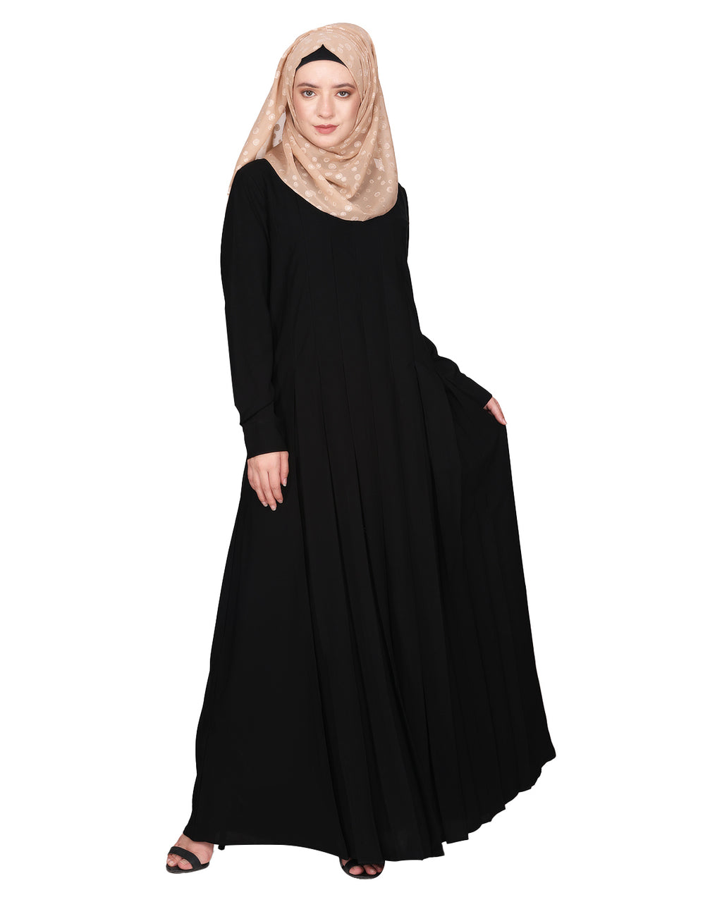 An Umbrella style stunning pleated abaya with Pinstriped Yolk Black