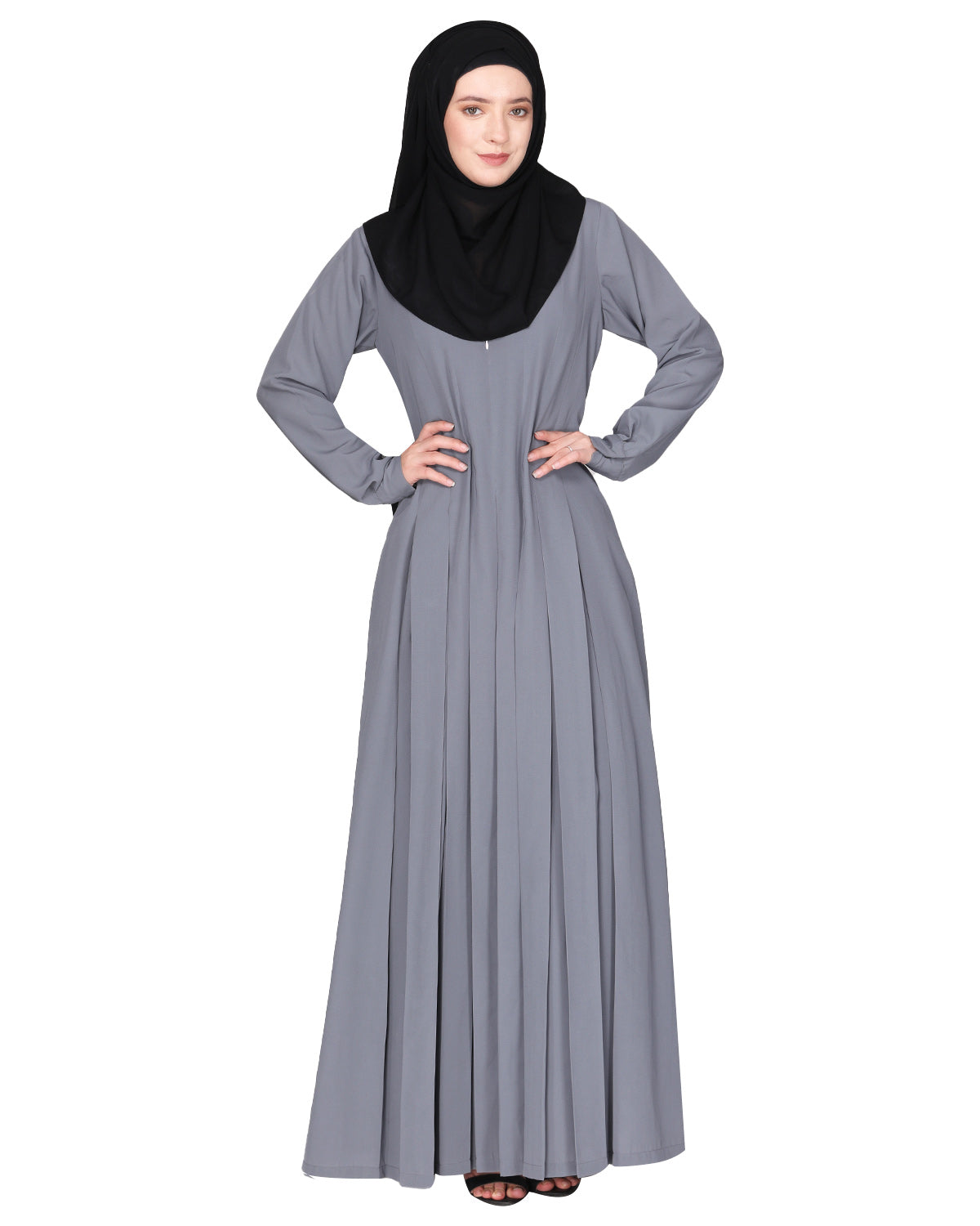 An Umbrella style stunning pleated abaya with Pinstriped Yolk Light Grey