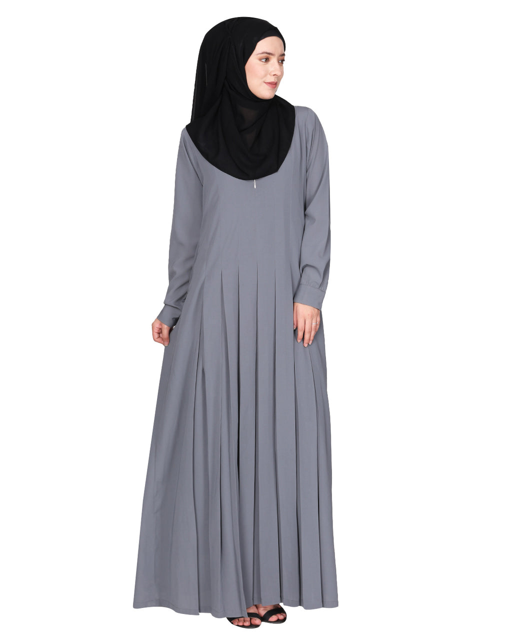 An Umbrella style stunning pleated abaya with Pinstriped Yolk Light Grey
