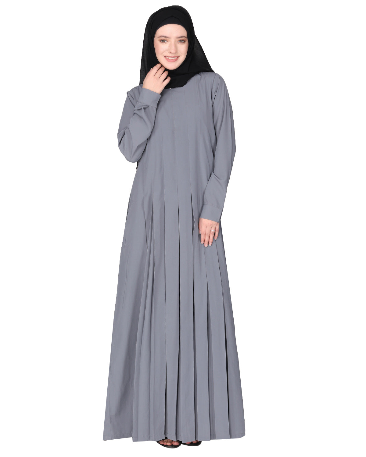An Umbrella style stunning pleated abaya with Pinstriped Yolk Light Grey