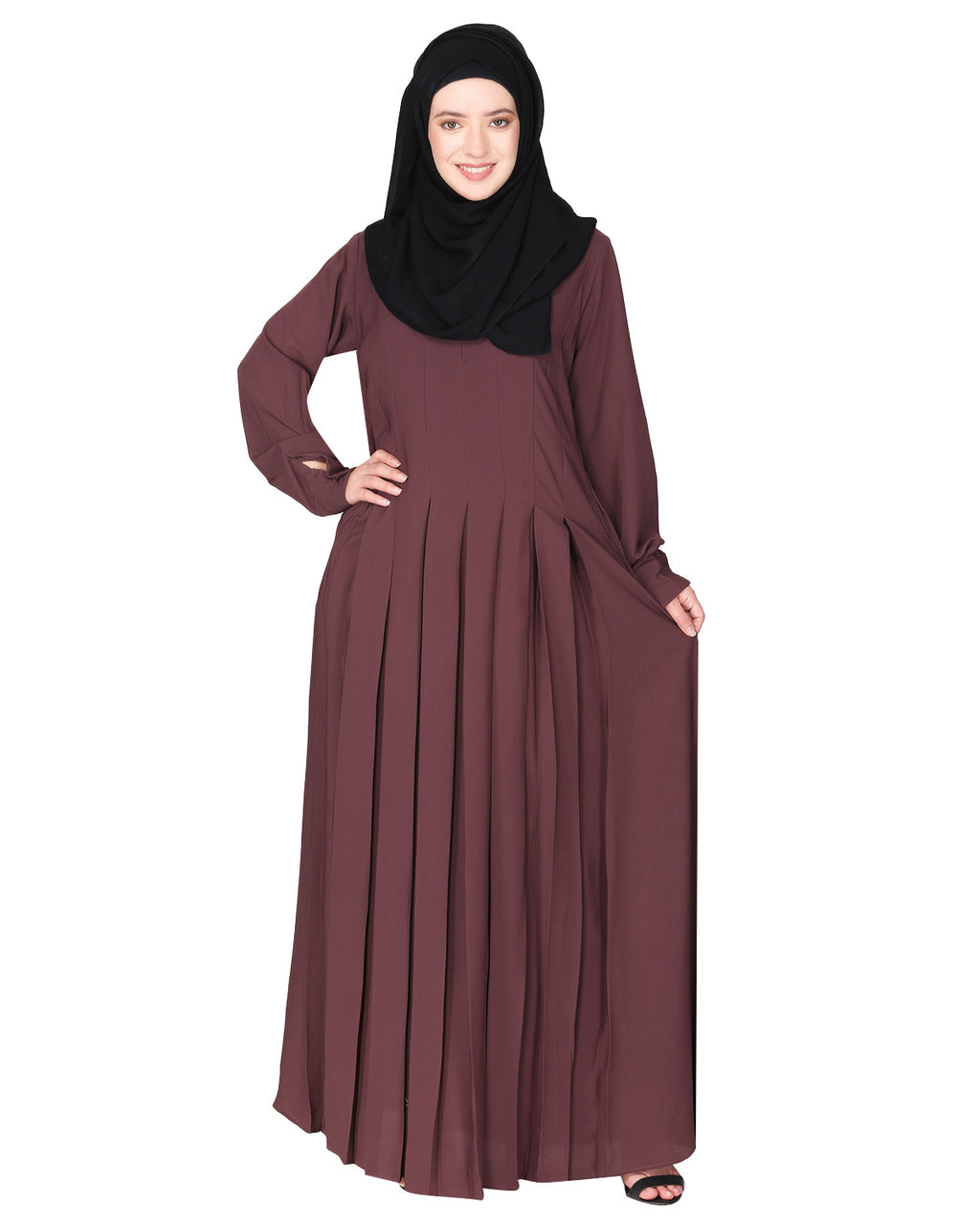 An Umbrella style stunning pleated abaya with Pinstriped Yolk Purple