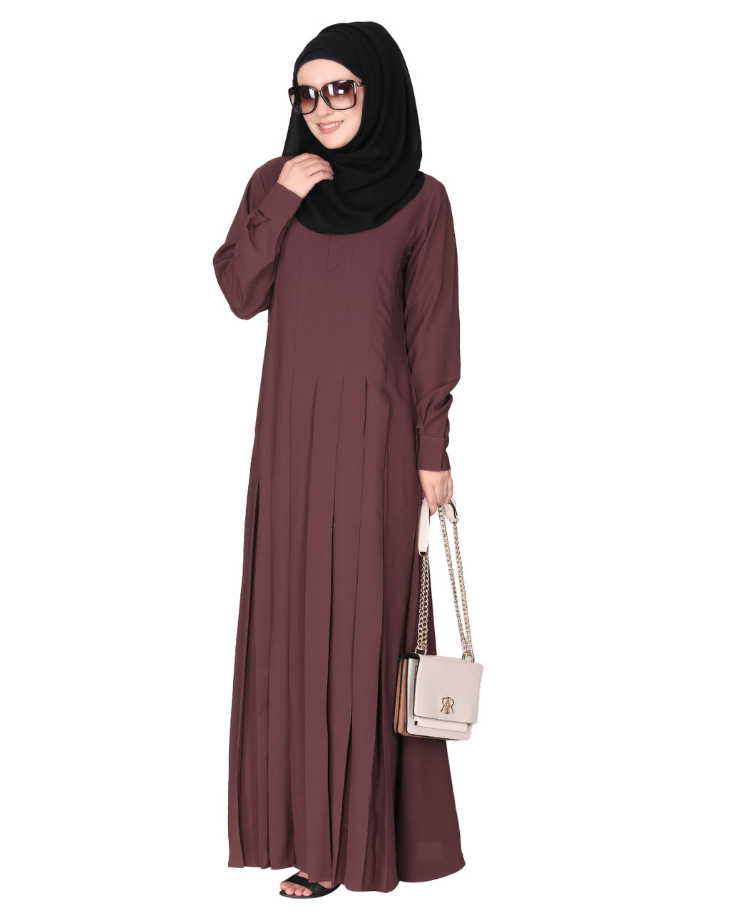 An Umbrella style stunning pleated abaya with Pinstriped Yolk Purple