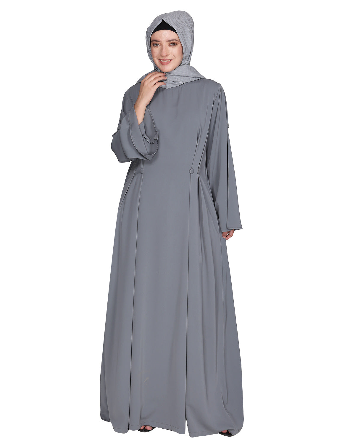 Dignified Buttons and Pintuck abaya Light Grey