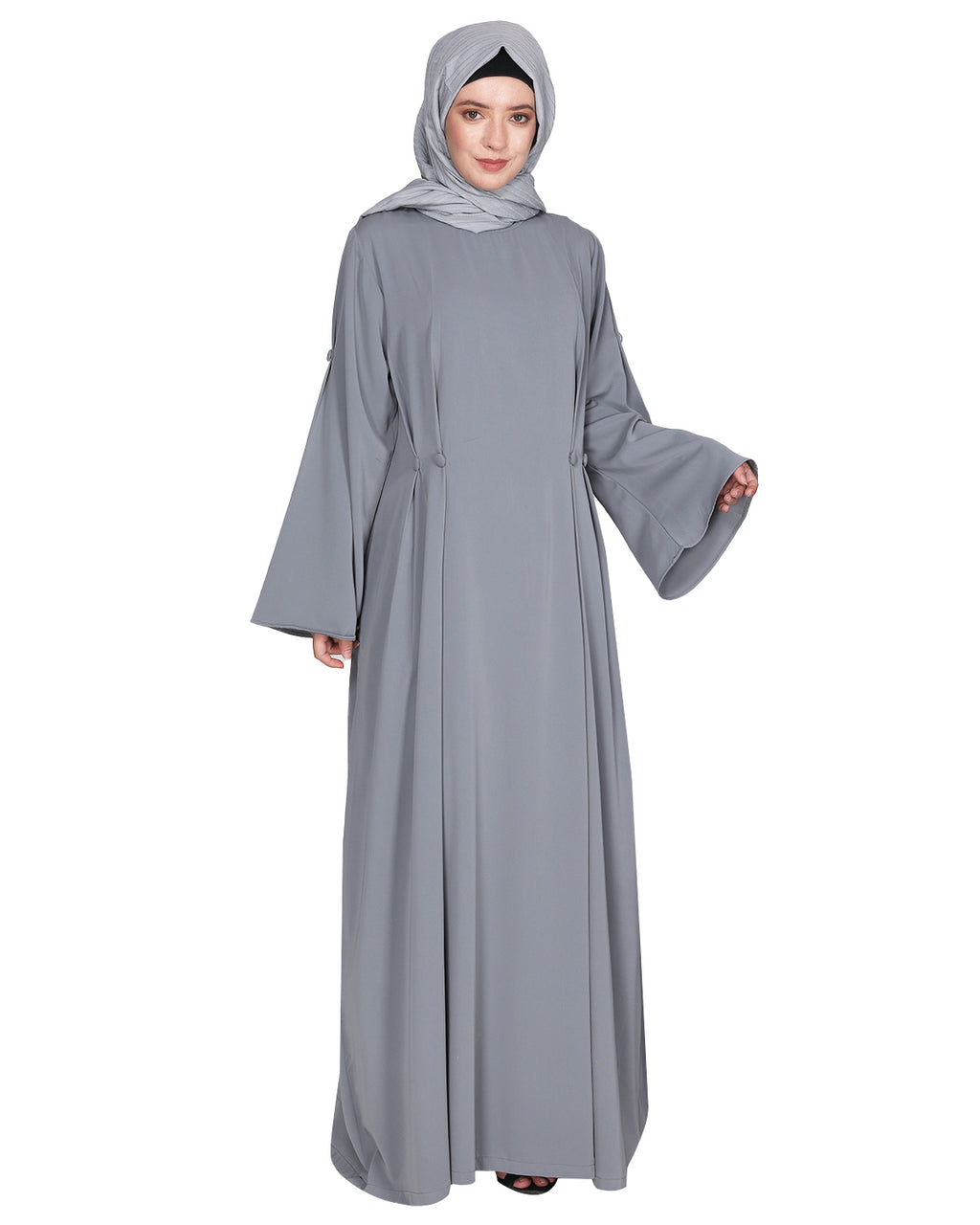 Dignified Buttons and Pintuck abaya Light Grey