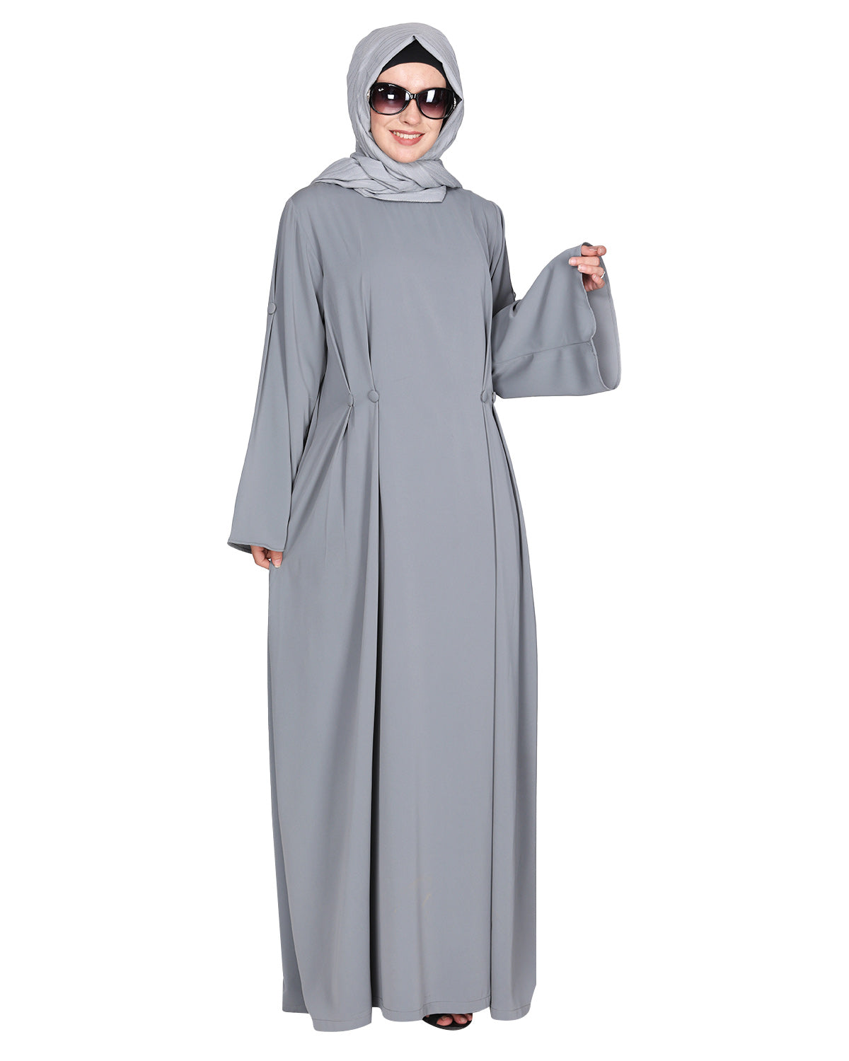 Dignified Buttons and Pintuck abaya Light Grey