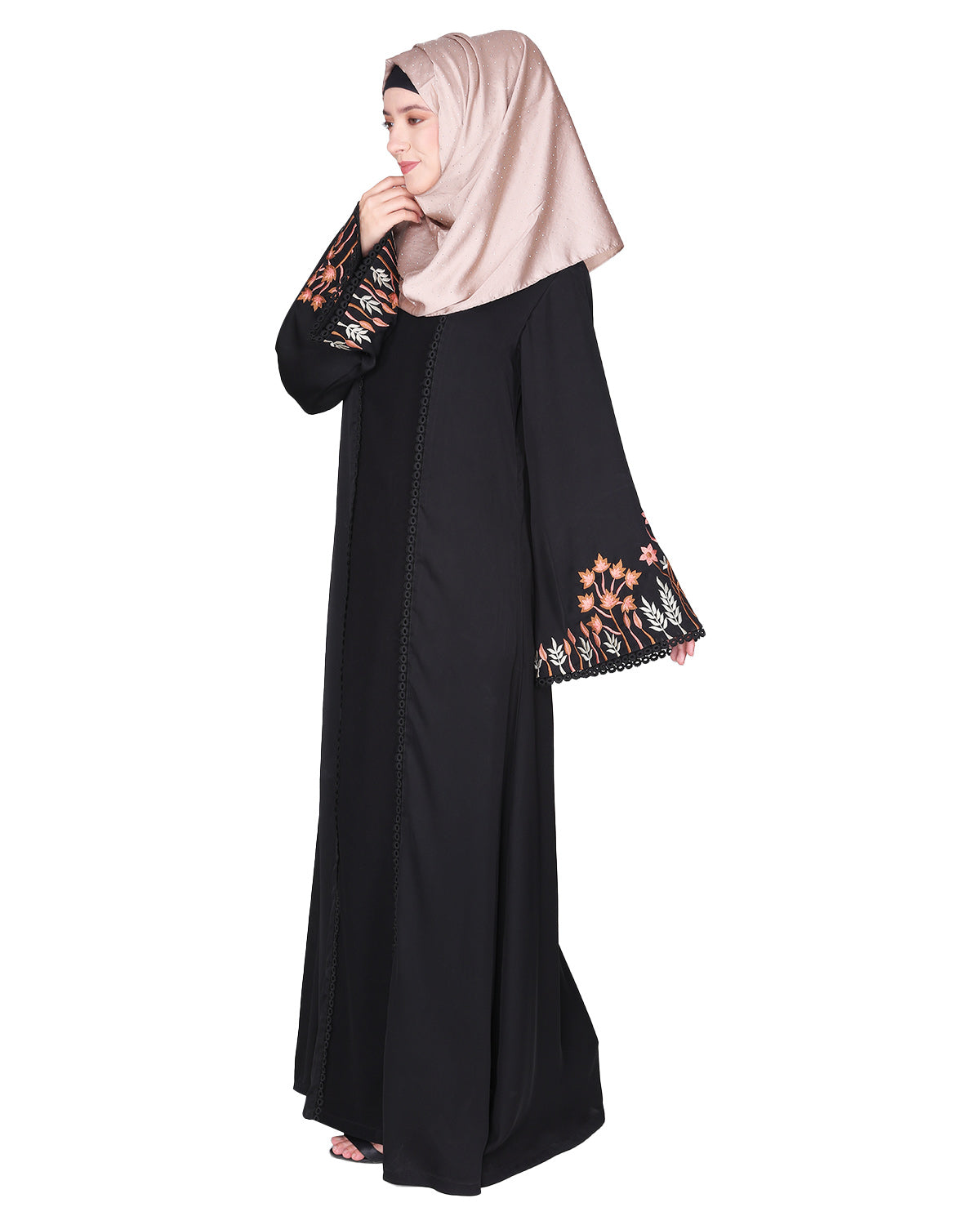 Shrug style lovely buds & flowers embroidered front close abaya