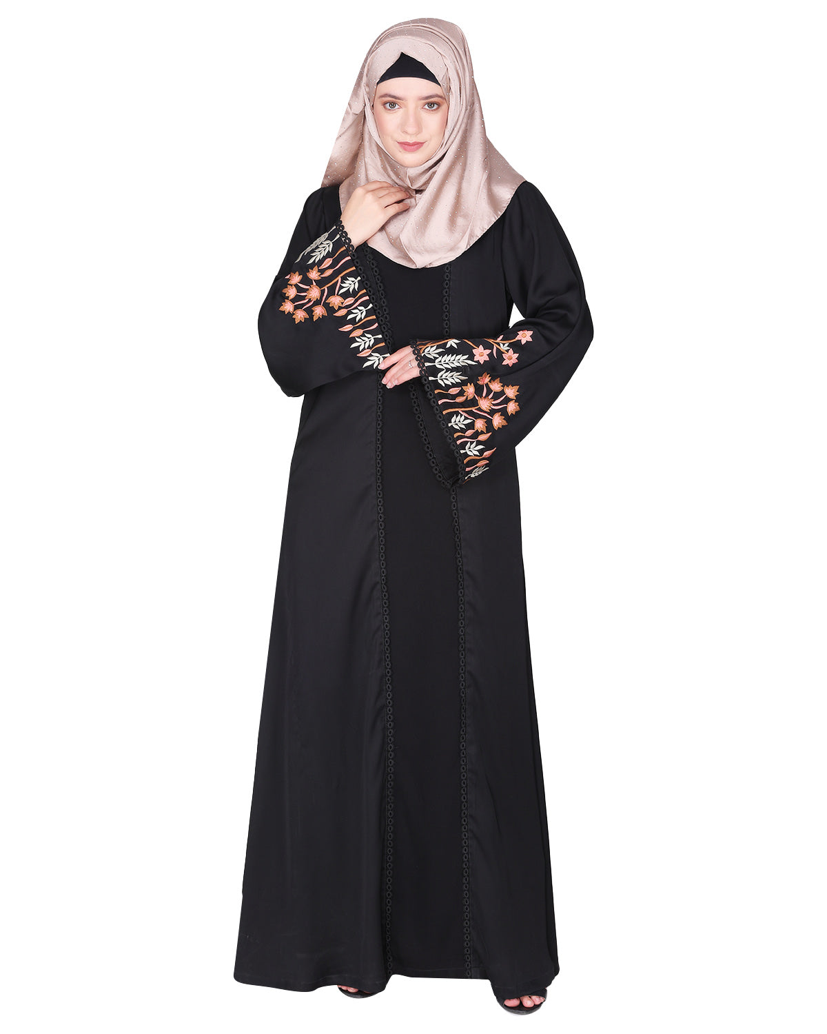 Shrug style lovely buds & flowers embroidered front close abaya