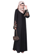 Shrug style lovely buds & flowers embroidered front close abaya Black