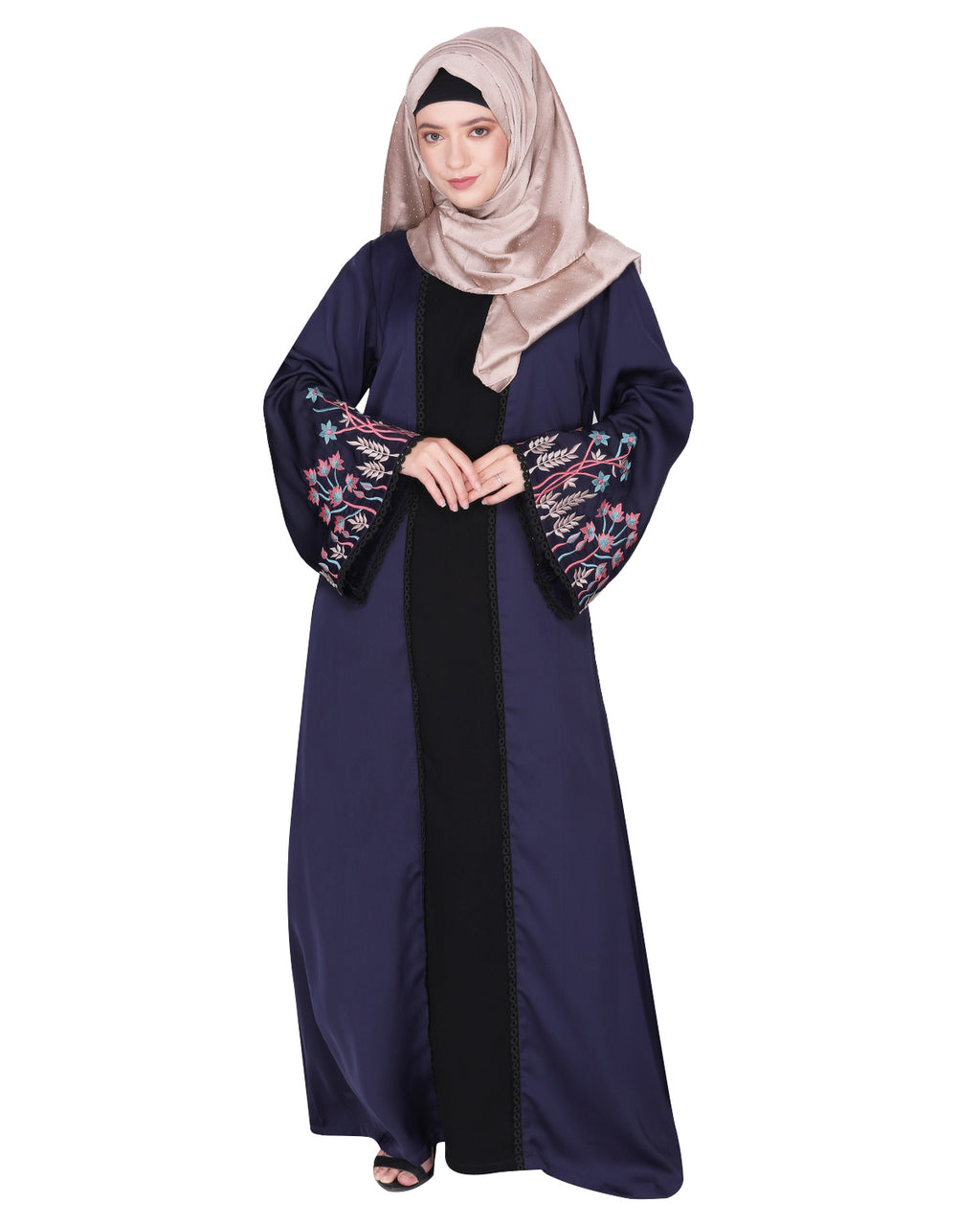 Shrug style lovely buds & flowers embroidered front close abaya