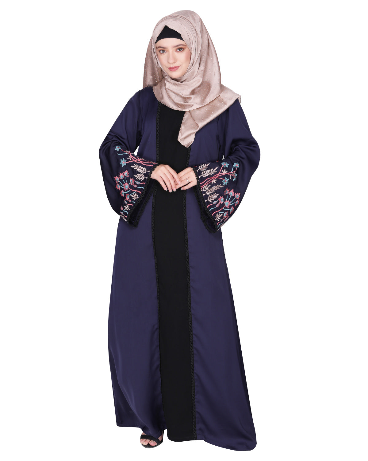 Shrug style lovely buds & flowers embroidered front close abaya