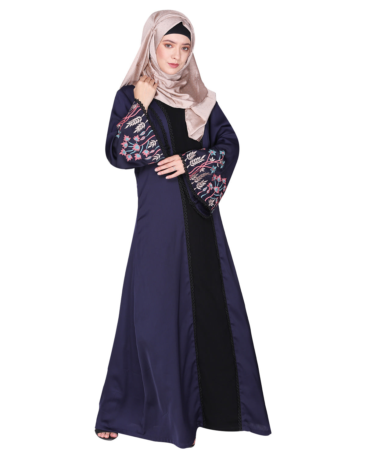 Shrug style lovely buds & flowers embroidered front close abaya Black