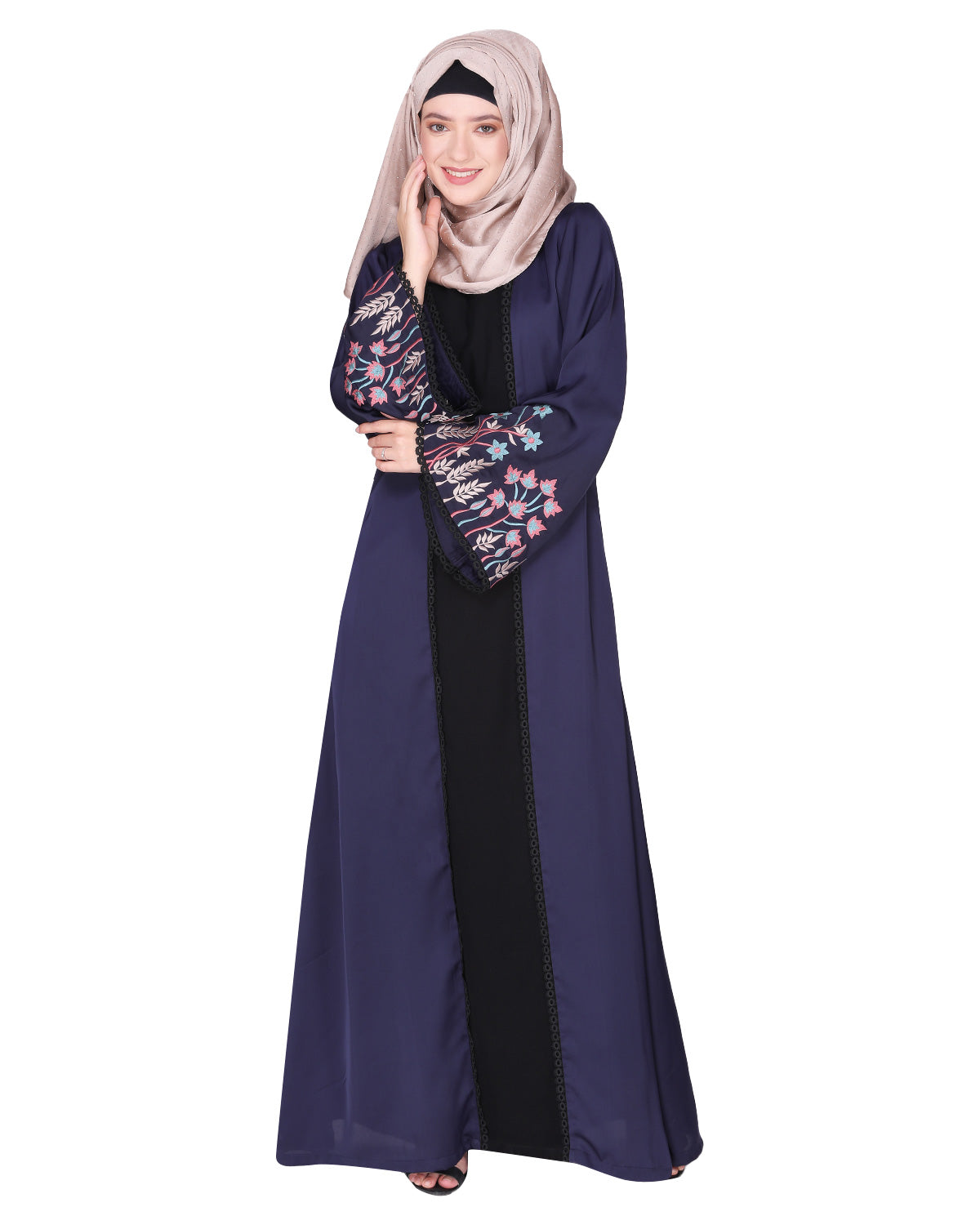 Shrug style lovely buds & flowers embroidered front close abaya Blue