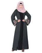 Shrug style lovely buds & flowers embroidered front close abaya