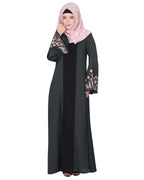 Shrug style lovely buds & flowers embroidered front close abaya Blue