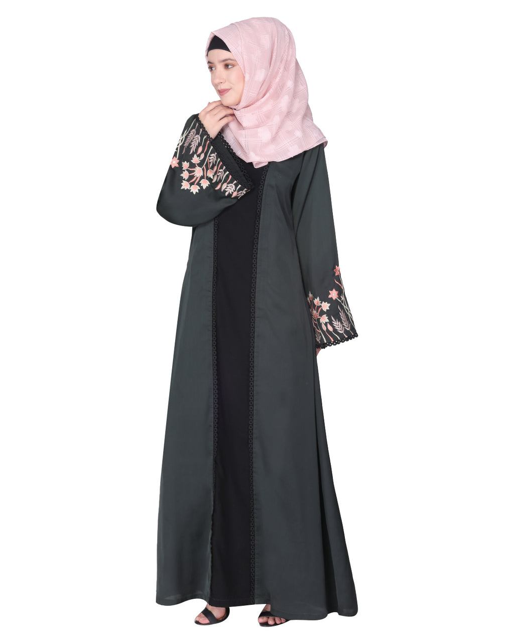 Shrug style lovely buds & flowers embroidered front close abaya Blue